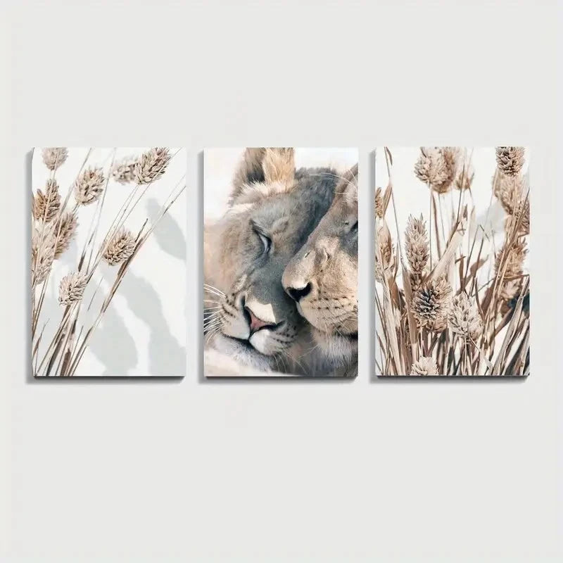 3pcs Lion & Pampas Grass Triptych  Wall Art Set Canvas Framed 50x70cm - High Quality Print 100% Australian Made Wall Canvas Ready to Hang