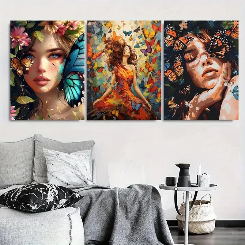 3pcs Boho Chic Butterfly Floral Metal Print Ready to Hang Art - Bella Home Decor
