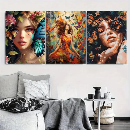 3pcs Boho Chic Butterfly Floral Metal Print Ready to Hang Art - Bella Home Decor