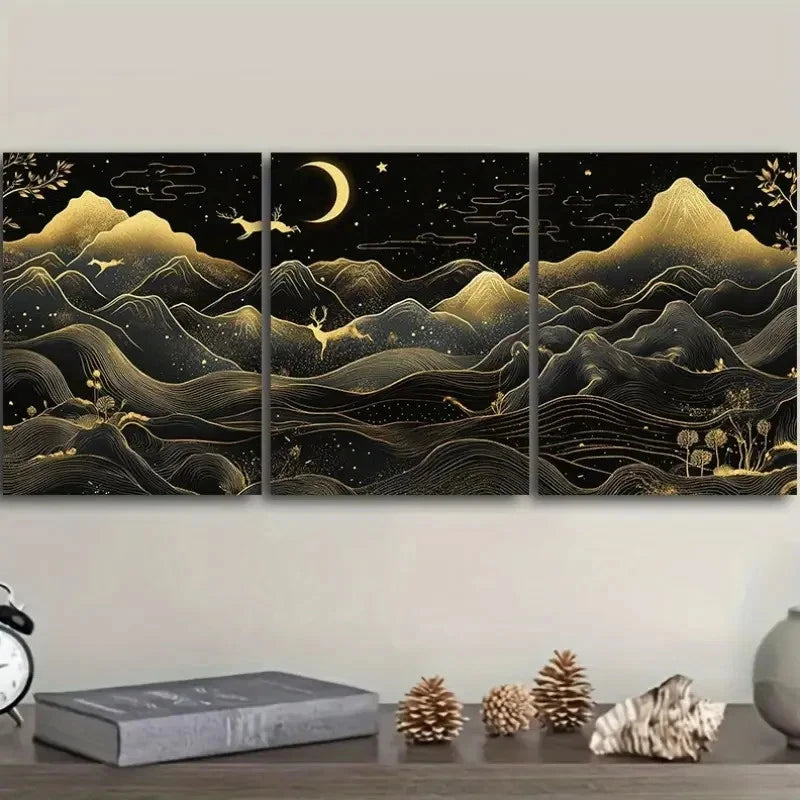 3pcs Golden Mountains And Deer Under Moonlight  Wall Art Set Canvas Framed 40x60cm - High Quality Print 100% Australian Made Wall Canvas Ready to Hang - Bella Home Decor