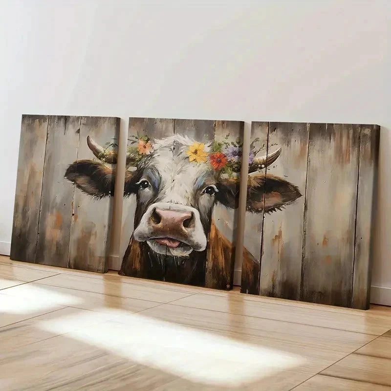 3pcs Farmhouse Cow Farm Animals Rustic Wall Art Set Canvas Framed 40x60cm - High Quality Print 100% Australian Made Wall Canvas Ready to Hang