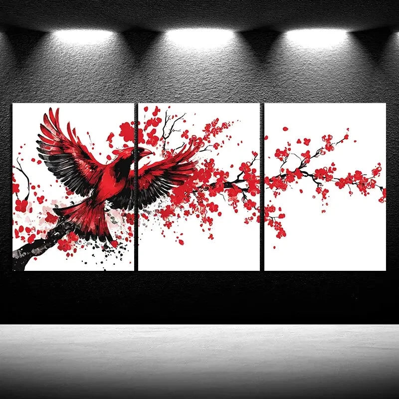 3pcs Birds on Plum Blossom Branches Paintings Metal Print Ready to Hang Art - Bella Home Decor