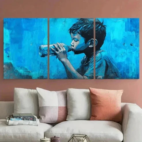 3pcs Southeast Asian Street Boy Drinking Perfect Wall Art Set Canvas Unframed - High Quality Print 100% Australian Made Wall Canvas