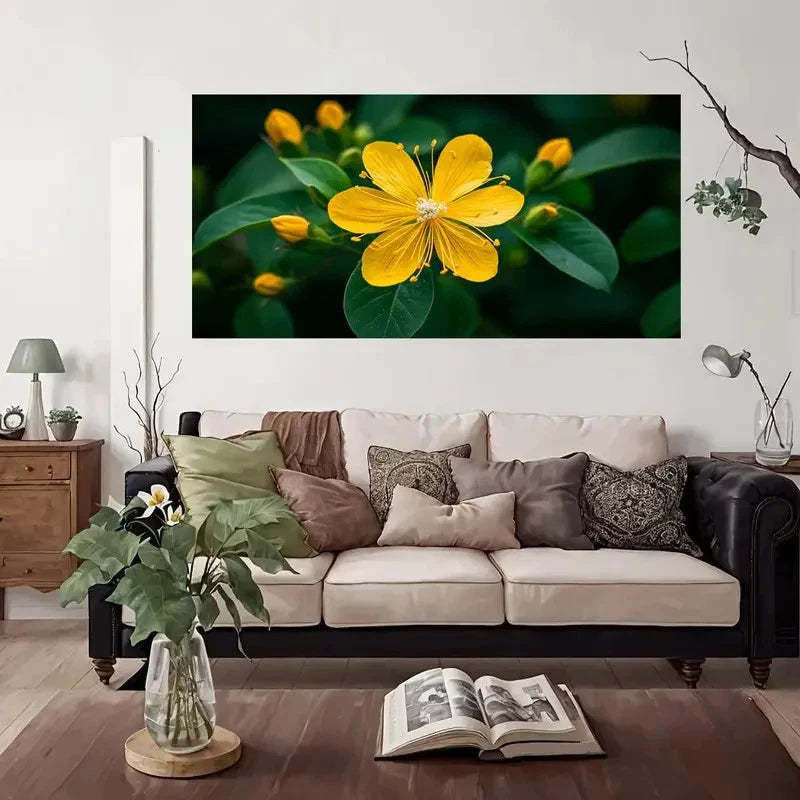 Green Foliage & Yellow Bloom Wall Art Canvas Office Home Room Framed 120x60cm