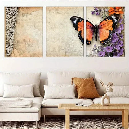 3pcs Rustic Floral Lace Vintage Butterfly Wall Art Canvas Unframed - High Quality Print 100% Australian Made Wall Canvas