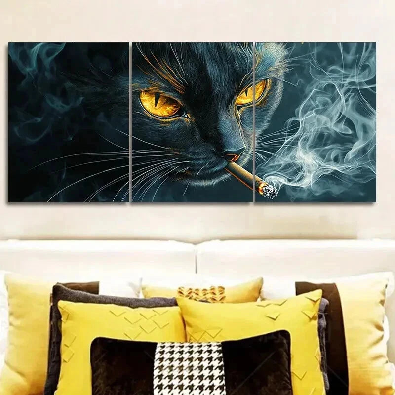3pcs A Black Cat with Yellow Eyes Smoking Wall Art Set Canvas Framed 50x70cm - High Quality Print 100% Australian Made Wall Canvas Ready to Hang - Bella Home Decor