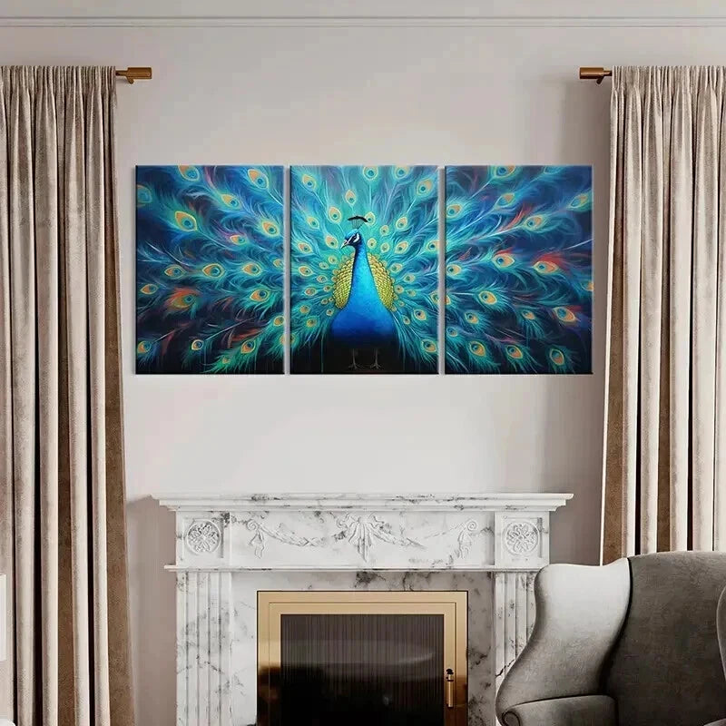 3pcs Peacock In Full Bloom Abstract Aesthetic Wall Art Set Canvas Framed 50x70cm - High Quality Print 100% Australian Made Wall Canvas Ready to Hang - Bella Home Decor