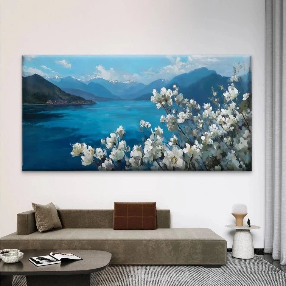 Mountain & White Flower LandscaWall Art Canvas Office Home Room Framed 120x60cm