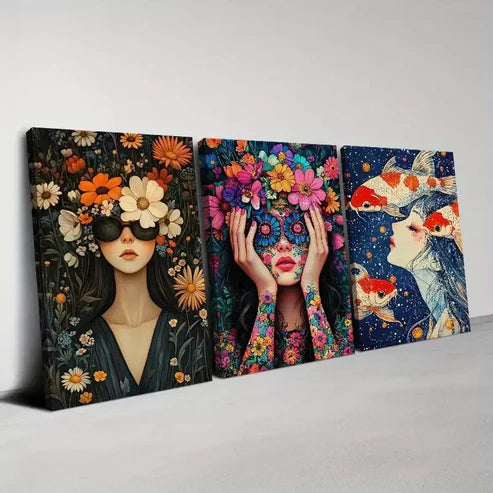 3pcs Bright Colorful Abstract Woman Florals Art Set Canvas Unframed - High Quality Print 100% Australian Made Wall Canvas