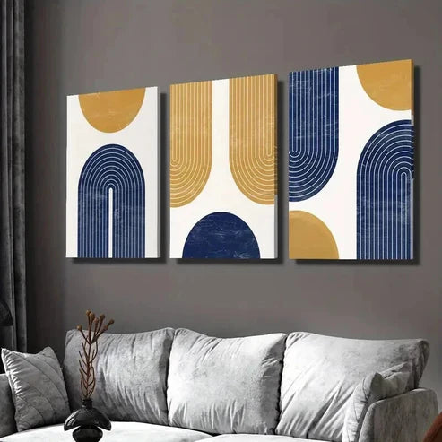 3pcs Golden Navy Blue Geometric Shapes & Lines Wall Art Set Canvas Unframed - High Quality Print 100% Australian Made Wall Canvas - Bella Home Decor