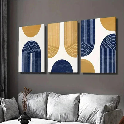 3pcs Golden Navy Blue Geometric Shapes & Lines Wall Art Set Canvas Unframed - High Quality Print 100% Australian Made Wall Canvas - Bella Home Decor