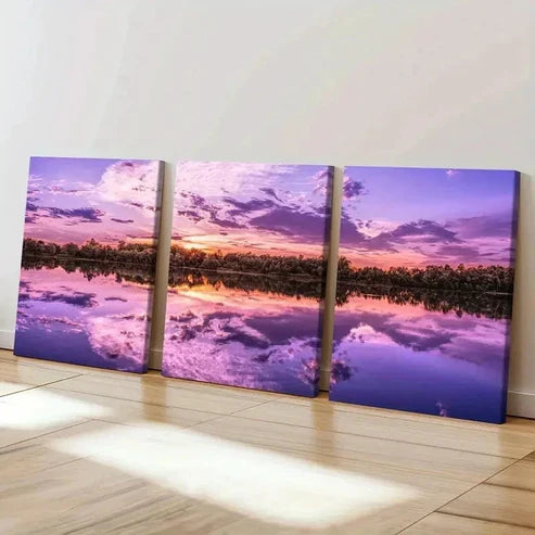 3pcs Purple Sky Lake and Mountain Scenery Wall Art Set Canvas Unframed - High Quality Print 100% Australian Made Wall Canvas