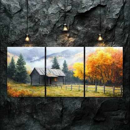 3pcs Beautiful Autumn Scenery Log Cabin Perfect Wall Art Set Canvas Framed 50x70cm - High Quality Print 100% Australian Made Wall Canvas Ready to Hang