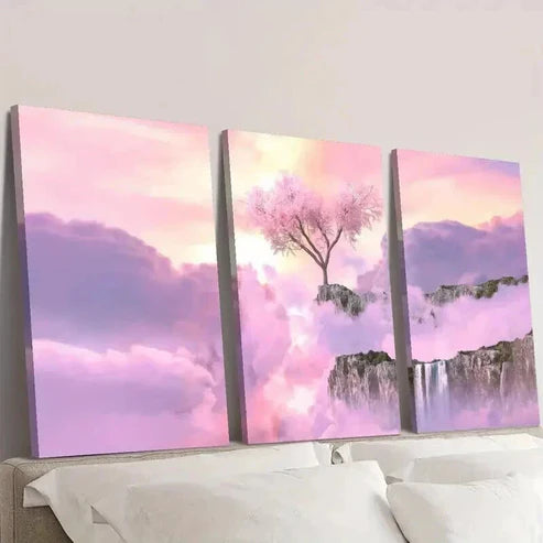 3pcs Waterfalls and Pink Cherry Blossoms Wall Art Set Canvas Unframed - High Quality Print 100% Australian Made Wall Canvas