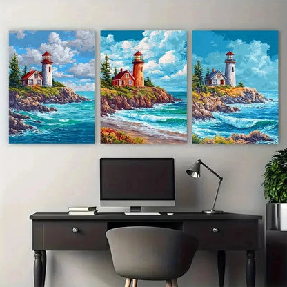 3pcs Seaside & Lighthouse Landscape Perfect Wall Art Set Canvas Framed 50x70cm - High Quality Print 100% Australian Made Wall Canvas Ready to Hang