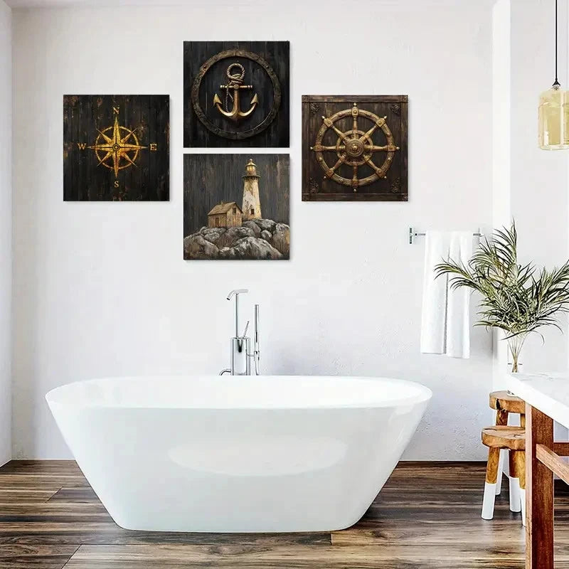4pcs Nautical Compass & Lighthouse Wall Art Canvas Framed