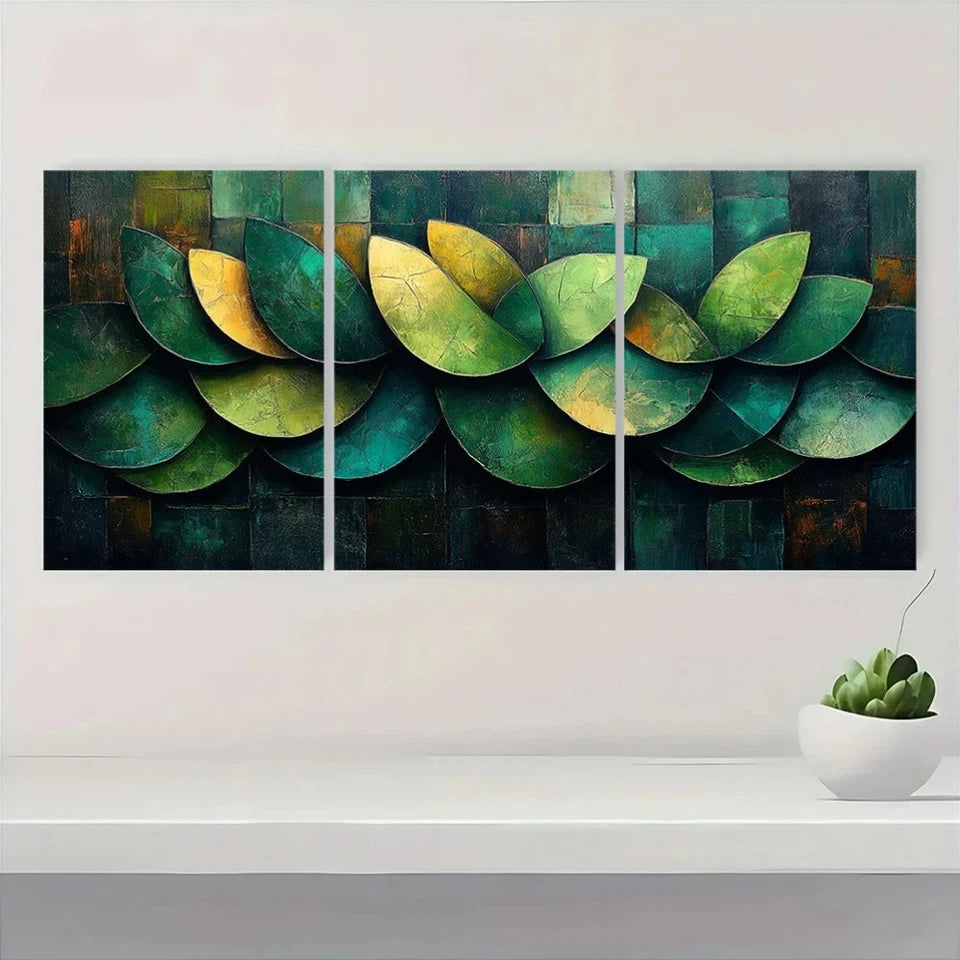 3pcs Vintage Abstract Green Leaves Themed  Wall Art Set Canvas Framed 50x70cm - High Quality Print 100% Australian Made Wall Canvas Ready to Hang