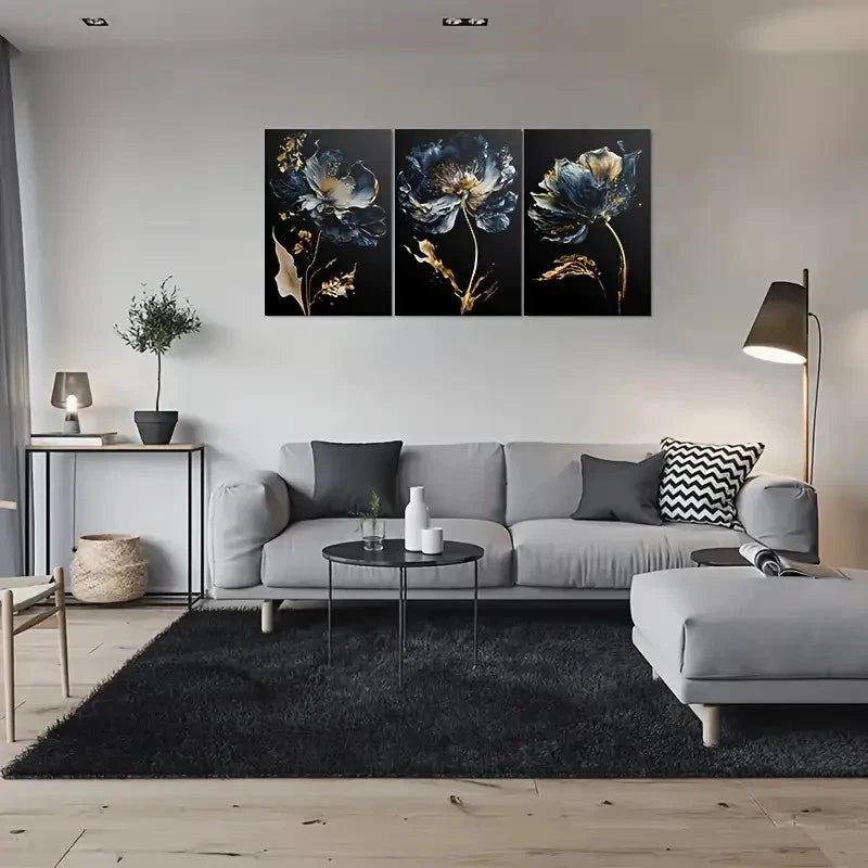 3pcs Abstract Blue and Golden Flowers Metal Print Ready to Hang Art - Bella Home Decor