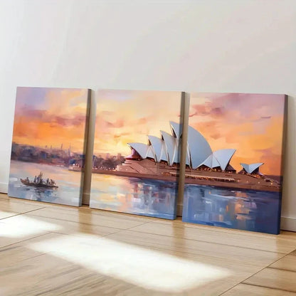 3pcs Sydney Opera House Sunset Glow Art Paint Wall Art Set Canvas Framed 50x70cm - High Quality Print 100% Australian Made Wall Canvas Ready to Hang