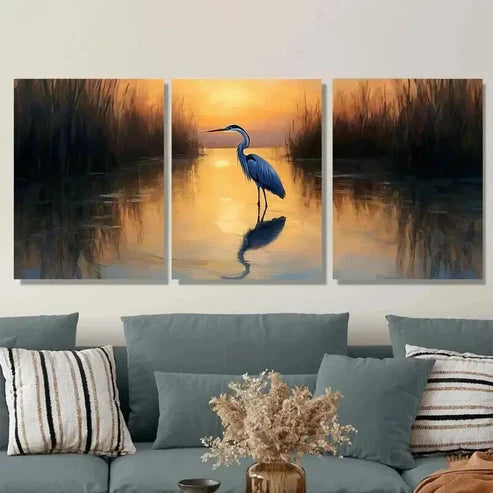 3pcs Blue Heron Sunset Paintings Wall Art Set Canvas Unframed - High Quality Print 100% Australian Made Wall Canvas - Bella Home Decor