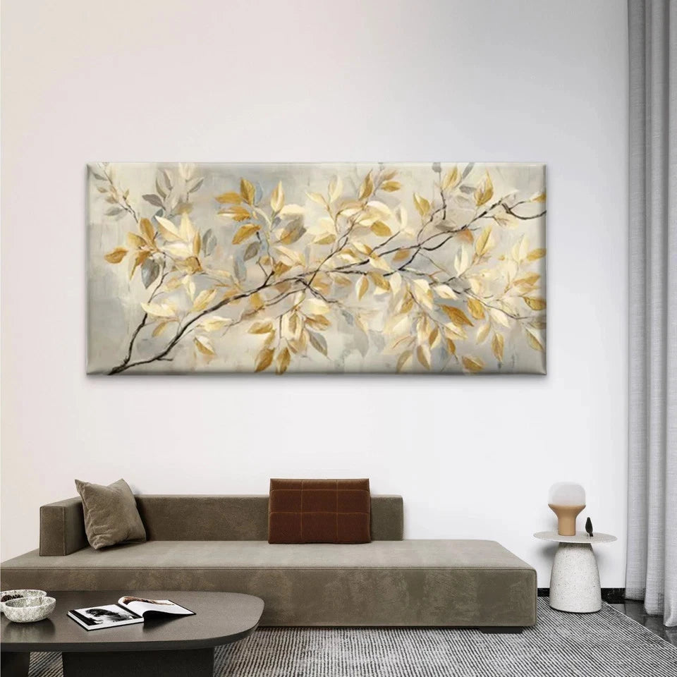Golden Leaf Botanical Wall Art Canvas Office Home Room Framed 120x60cm
