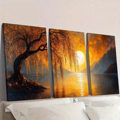 3pcs Painting Weeping Willow Charming Wall Art Set Canvas Framed 50x70cm - High Quality Print 100% Australian Made Wall Canvas Ready to Hang