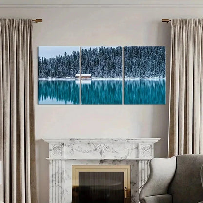 3pcs Snow Cabin Lake Forest Modern Wall Art Set Canvas Framed 50x70cm - High Quality Print 100% Australian Made Wall Canvas Ready to Hang - Bella Home Decor