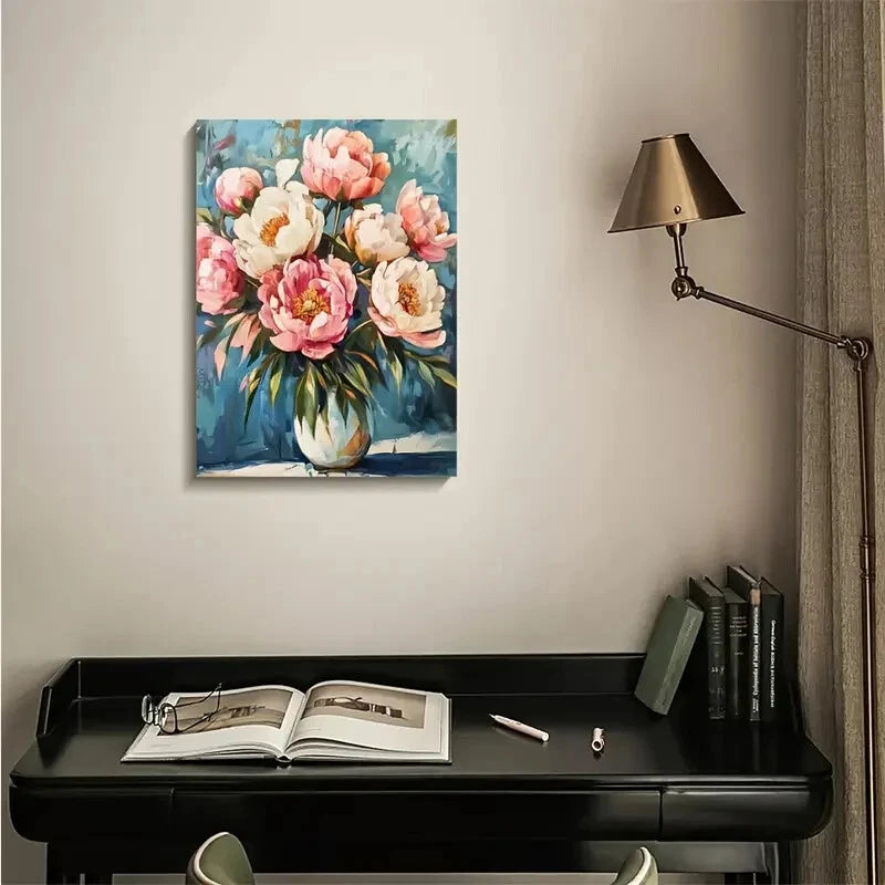 Vibrant Pink & White Peonies with Green Stems Painting  40x60cm Metal Print Ready to Hang - Bella Home Decor