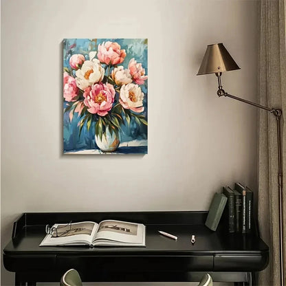 Vibrant Pink & White Peonies with Green Stems Painting  40x60cm Metal Print Ready to Hang - Bella Home Decor