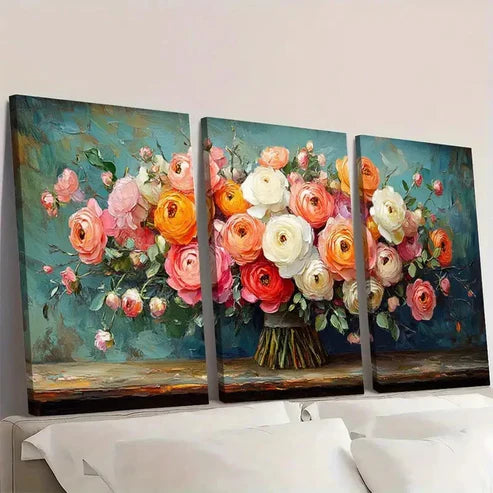 3pcs Vibrant Roses & Peonies in Blue Vase RP Wall Art Set Canvas Unframed - High Quality Print 100% Australian Made Wall Canvas