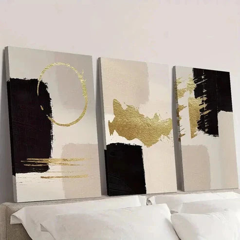 3pcs Golden Black Geometric Painting Wall Art Canvas Unframed - High Quality Print 100% Australian Made Wall Canvas - Bella Home Decor