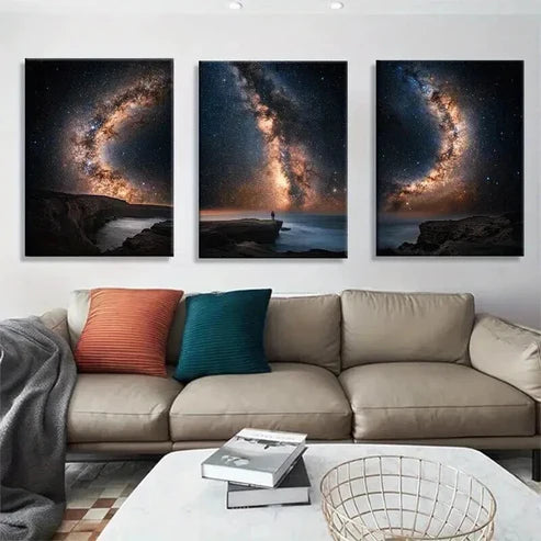 3pcs Milky Way Galaxy Over Ocean Cliff Art Set Canvas Unframed - High Quality Print 100% Australian Made Wall Canvas