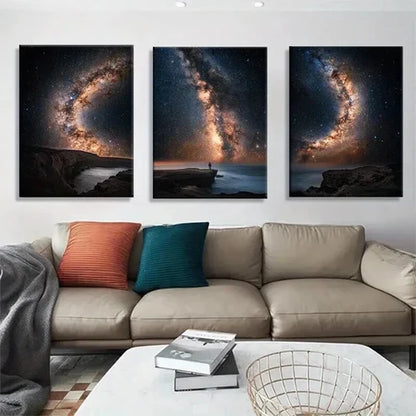 3pcs Milky Way Galaxy Over Ocean Cliff Art Set Canvas Unframed - High Quality Print 100% Australian Made Wall Canvas