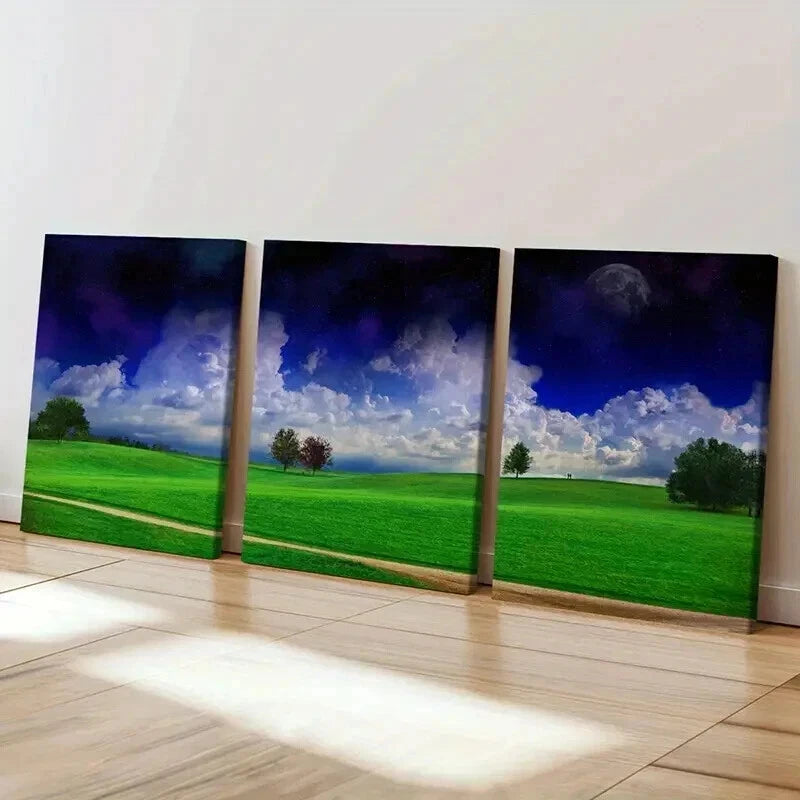 3pcs Lush Meadow Dramatic Cloudy Sky & Trees Wall Art Set Canvas Framed 40x60cm - High Quality Print 100% Australian Made Wall Canvas Ready to Hang - Bella Home Decor