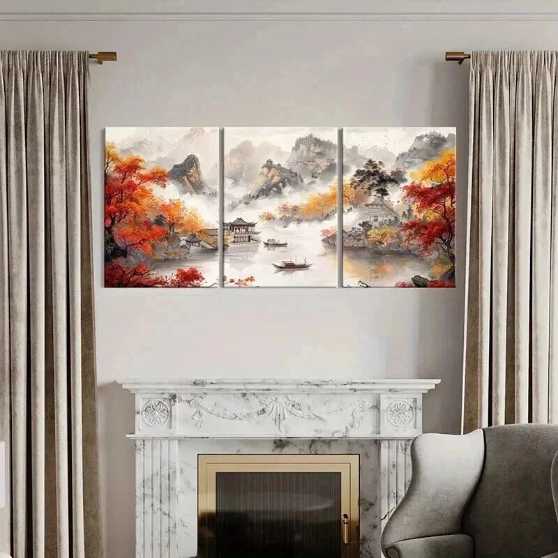 3pcs Chinese Autumn Mountain & River Scene Metal Print Ready to Hang Art - Bella Home Decor