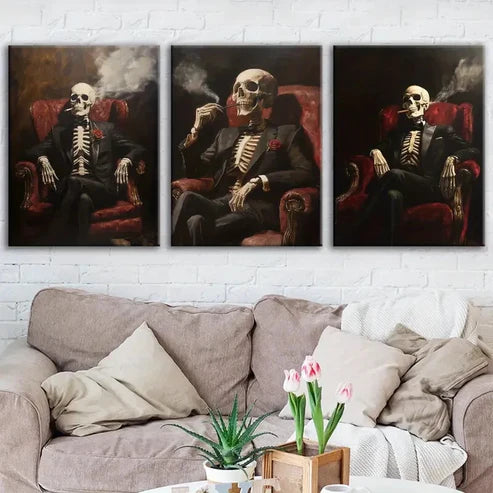 3pcs Abstract Smoking Skeleton Rose Black Chair Wall Art Set Canvas Unframed - High Quality Print 100% Australian Made Wall Canvas