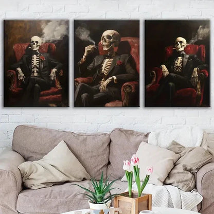 3pcs Abstract Smoking Skeleton Rose Black Chair Wall Art Set Canvas Unframed - High Quality Print 100% Australian Made Wall Canvas