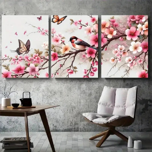 3pcs Elegant Bird Cherry Blossom Wall Art Set Canvas Framed 60x90cm - High Quality Print 100% Australian Made Wall Canvas Ready to Hang