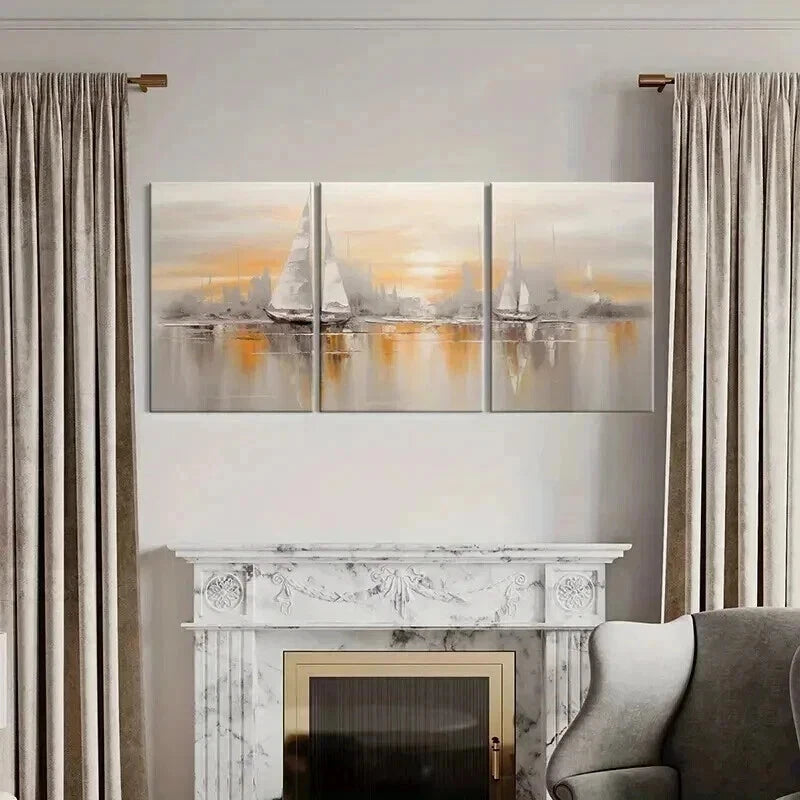 3pcs Abstract Golden Hour Sailing Ships Metal Print Ready to Hang Art - Bella Home Decor