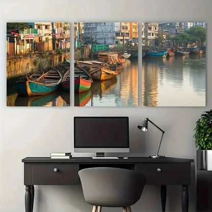 3pcs Colorful Cityscape with Boats & Perfect Wall Art Set Canvas Framed 50x70cm - High Quality Print 100% Australian Made Wall Canvas Ready to Hang - Bella Home Decor