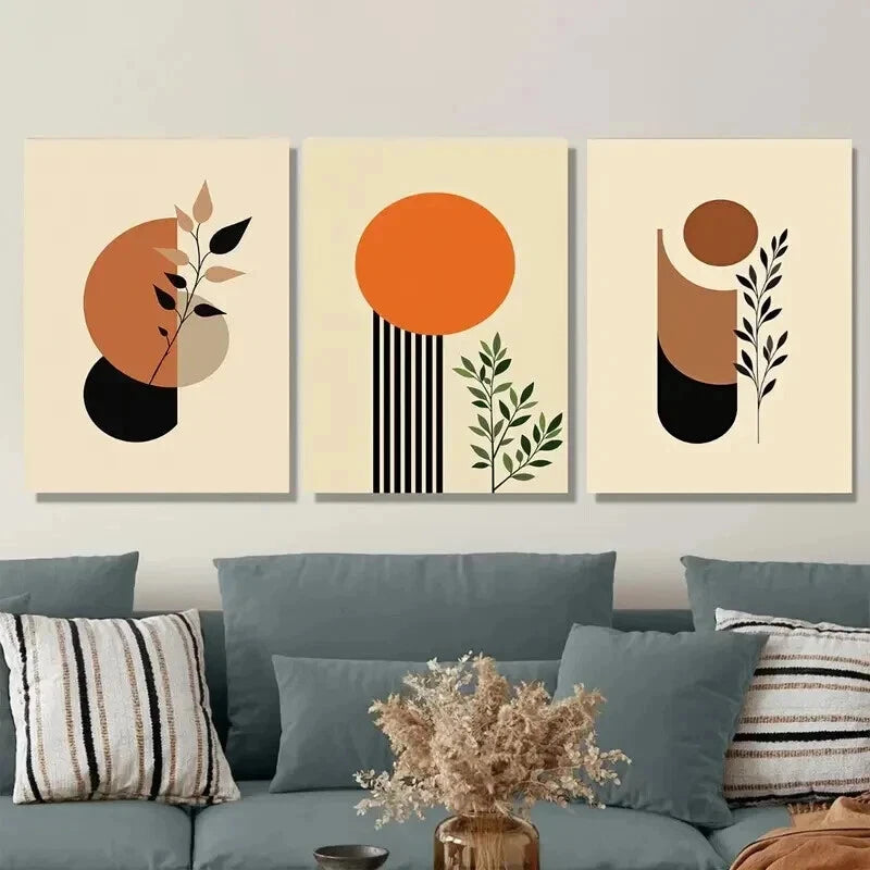 3pcs Minimalist Botanical Geometric Shapes Wall Art Set Canvas Framed 50x70cm - High Quality Print 100% Australian Made Wall Canvas Ready to Hang