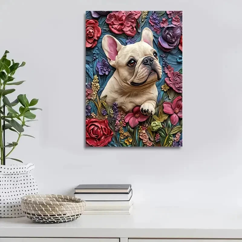 French Bulldog Surrounded by Heart Painting 40x60cm Metal Print Ready to Hang - Bella Home Decor