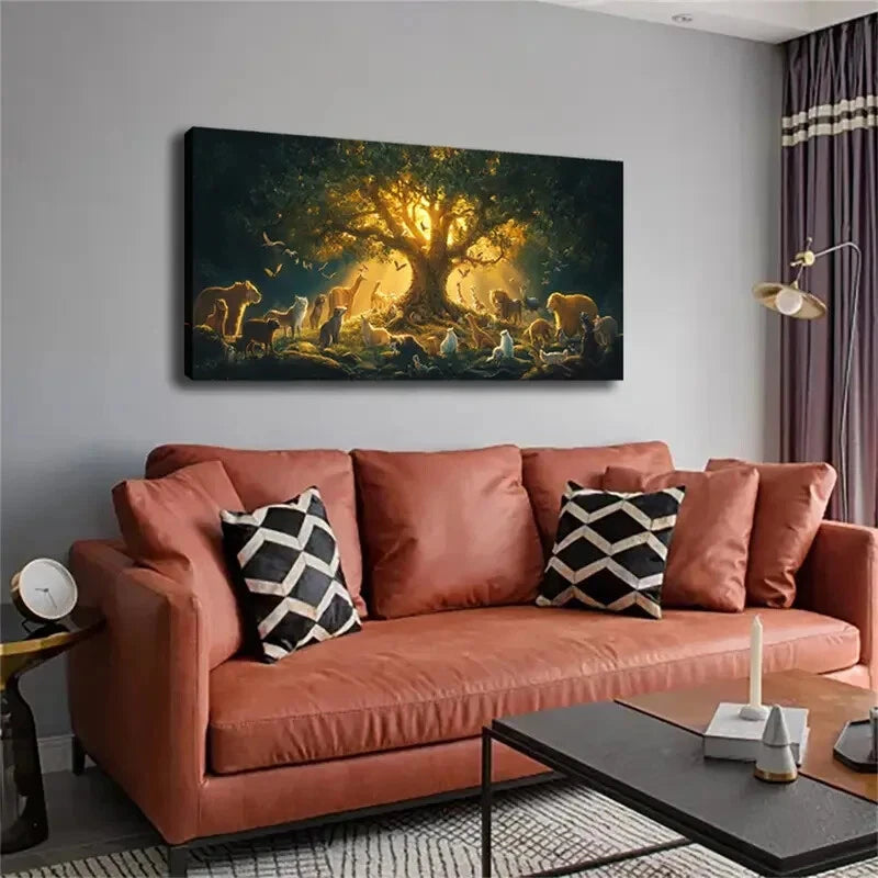 Animal Gathering Scene Fantasy Wall Art Canvas Office Home Room Framed 120x60cm