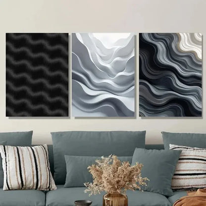 3pcs Modern Abstract Wave Art Black, White Canvas Unframed - High Quality Print 100% Australian Made Wall Canvas
