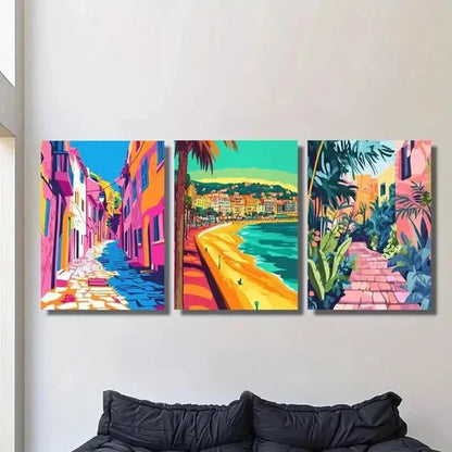 3pcs Colorful Ocean Beach City Landscape Wall Art Set Canvas Unframed - High Quality Print 100% Australian Made Wall Canvas - Bella Home Decor