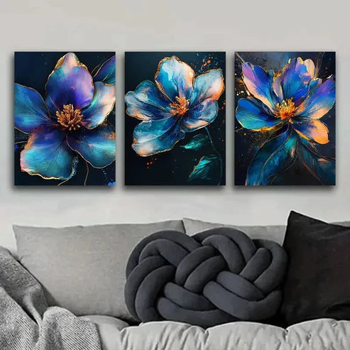3pcs Colorful Metallic Flowers Nature Blue Wall Art Set Canvas Unframed - High Quality Print 100% Australian Made Wall Canvas - Bella Home Decor