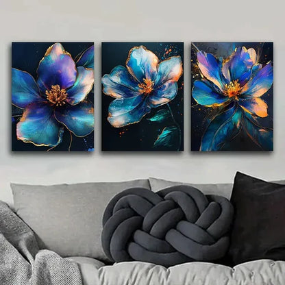 3pcs Colorful Metallic Flowers Nature Blue Wall Art Set Canvas Unframed - High Quality Print 100% Australian Made Wall Canvas - Bella Home Decor