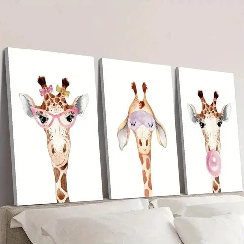 3pcs Giraffe Wearing Glasses Blowing Bubbles Wall Art Canvas Unframed - High Quality Print 100% Australian Made Wall Canvas - Bella Home Decor