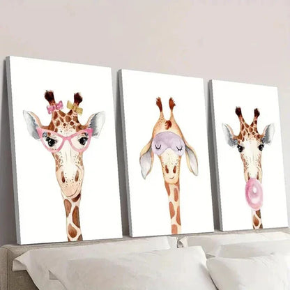3pcs Giraffe Wearing Glasses Blowing Bubbles Wall Art Canvas Unframed - High Quality Print 100% Australian Made Wall Canvas - Bella Home Decor