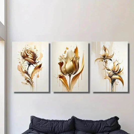 3pcs Golden rose abstract concept illustration Wall Art Set Canvas Framed 50x70cm - High Quality Print 100% Australian Made Wall Canvas Ready to Hang